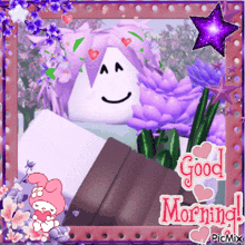 a picture of a girl with purple hair and the words good morning on the bottom