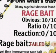 a rage bait detector found rage bait obvious : 10 / 10 ratio 0/10 reaction : 0 / 10