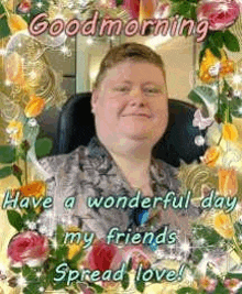 a man is sitting in a chair surrounded by flowers and a good morning message .