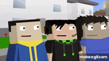 a group of cartoon characters are standing next to each other in front of a white building .