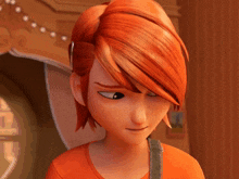a close up of a cartoon character with red hair and a ponytail