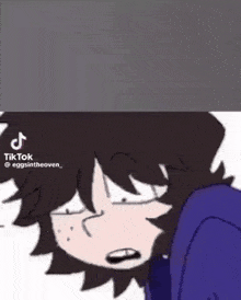 a cartoon of a boy with black hair and a purple jacket .