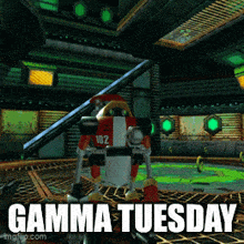 a robot in a video game with the words gamma tuesday