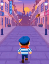 a cartoon character is running down a street with a jump button