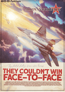 a poster for mig-29 fulcrum shows two jets flying in the sky