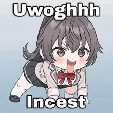 a girl in a school uniform is sticking her tongue out and making a funny face .