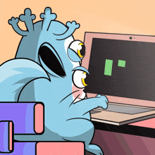 a cartoon drawing of a cat looking at a laptop screen