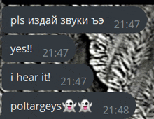 a screenshot of a text message that says yes 21:47 i hear it 21:47 and poltargeys 21:48