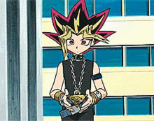 a cartoon character from yu gi oh is standing in front of a building holding a key .