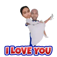 a man is carrying a woman in his arms with the words " i love you " above them