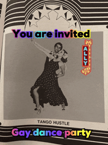 an advertisement for a gay dance party with tango hustle on it