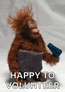 a stuffed monkey is holding a hair dryer with the words happy to volunteer written below it