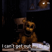 two teddy bears are standing next to each other with the words i can 't get out my brain written on the bottom .