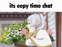 a picture of a girl with flowers and the words " its eepy time chat " below her
