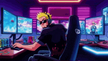 a man wearing sunglasses and headphones is playing a game on a computer