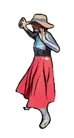 a woman wearing a hat and a red skirt is dancing