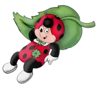 a cartoon ladybug with a green leaf on its back