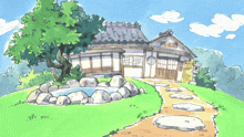 a drawing of a house with chinese writing on the roof