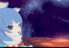 a cartoon girl with blue hair and a cat ear on her head