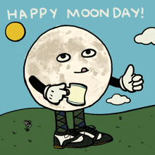 a cartoon of a full moon holding a cup of coffee and giving a thumbs up says happy moon day