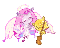 a cartoon character with wings and a broom is standing next to another cartoon character with wings .