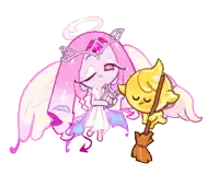 a cartoon character with wings and a broom is standing next to another cartoon character with wings .