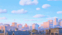 a cartoon scene with a city skyline and a disney+ logo