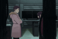 a man in a pink coat is hugging a woman in a red jacket