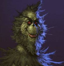 a painting of a cat with red eyes and feathers
