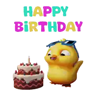 a yellow chicken wearing sunglasses is standing next to a birthday cake and says happy birthday