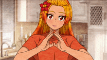 a girl with a flower in her hair making a heart shape with her hands