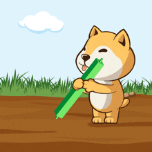 a cartoon dog is holding a green object in its mouth