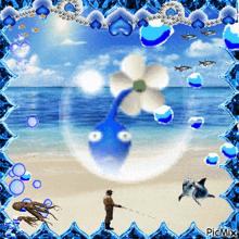 a picture of a man fishing on a beach with a dolphin and an octopus and the words picmix at the bottom