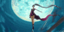 a pixel art of a woman flying in front of the moon