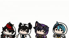 four cartoon characters are lined up in a row
