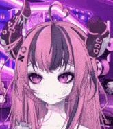 a girl with pink and black hair has a heart on her head