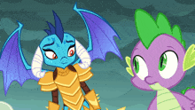 two cartoon dragons are standing next to each other and looking at each other