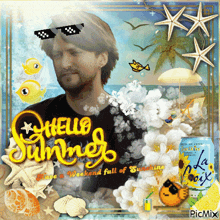 a picture of a man on a beach with the words hello summer