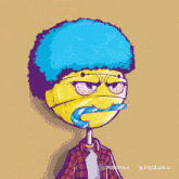 a cartoon drawing of a smiley face with a blue afro and candy in his mouth
