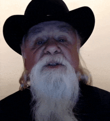 a man with a long beard wearing a black cowboy hat