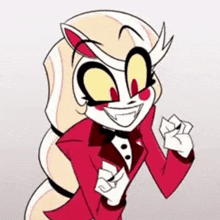a cartoon character is wearing a red jacket and a bow tie .