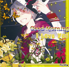 a picture of a girl with flowers and butterflies and the words good morning i love you