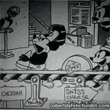 a black and white cartoon of mickey mouse and minnie mouse