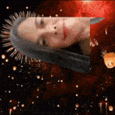 a woman is surrounded by fireworks and lanterns