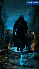 a painting of a man surrounded by two tigers with the words denji wella on the bottom