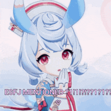a girl with horns is covering her mouth with her hands and the words esfj mentioned