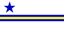 a blue and yellow flag with a blue star in the center