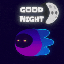 a poster that says good night with a purple ghost and a crescent moon