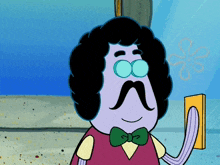 a cartoon character with a mustache and glasses is holding a sponge