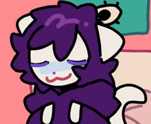 a cartoon drawing of a cat with a purple hoodie and a white tail .